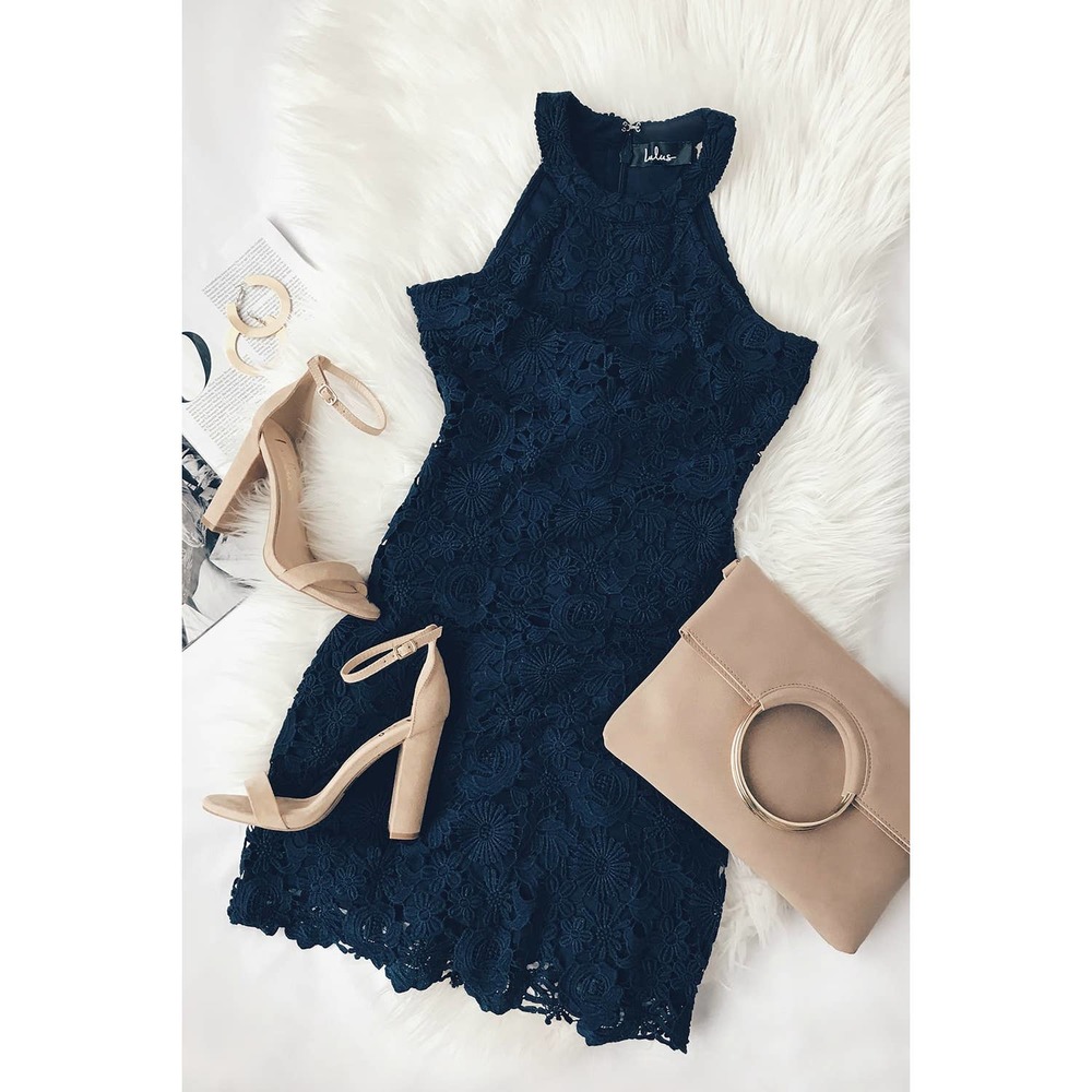 Lulus Lace Dress Size Large Love Poem Sheath High Neck Sleeveless Navy - Picture 12 of 12